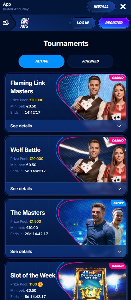 Tournois de casino sur l'application mobile Boomerang